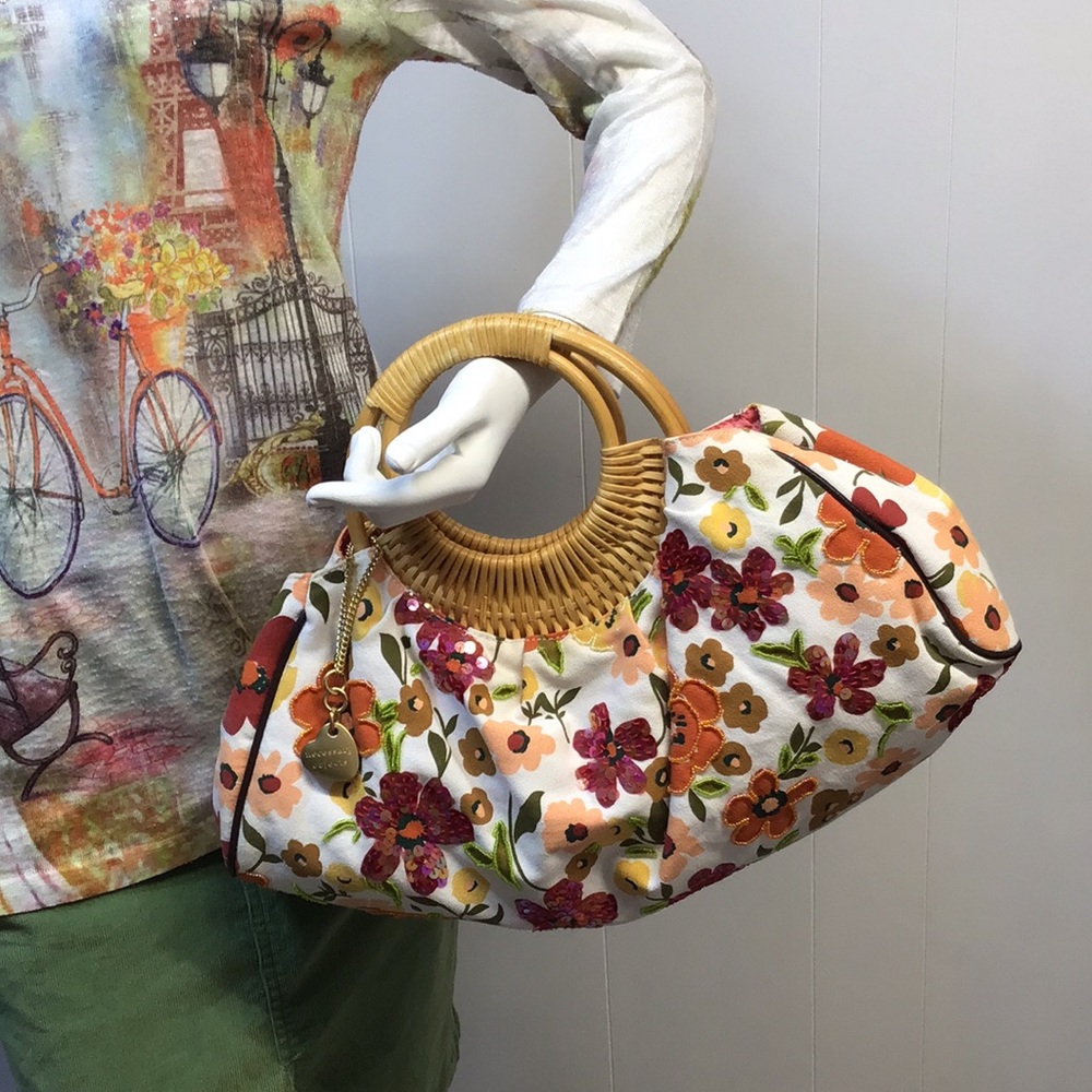 Necessary Objects Floral Embroidered Bamboo Handle Tote White Multicolor Flowers